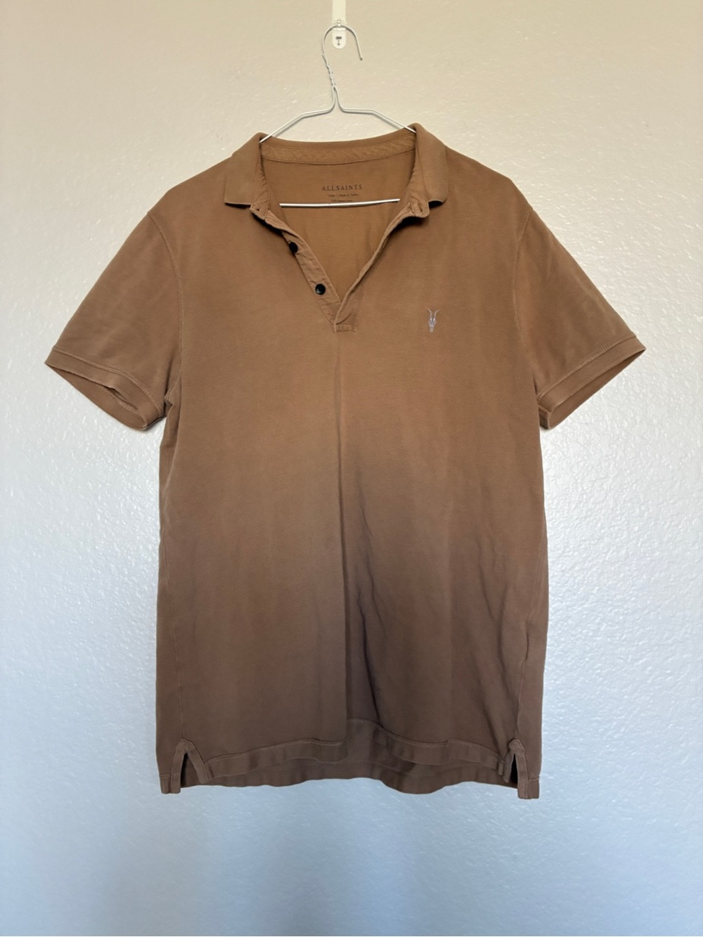AllSaints Size L Brown Polo Shirt Short Sleeve Embroidered Logo Designer Casual